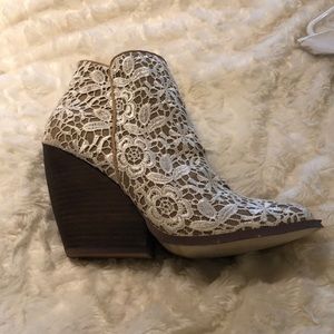 Tan and white lace wedges